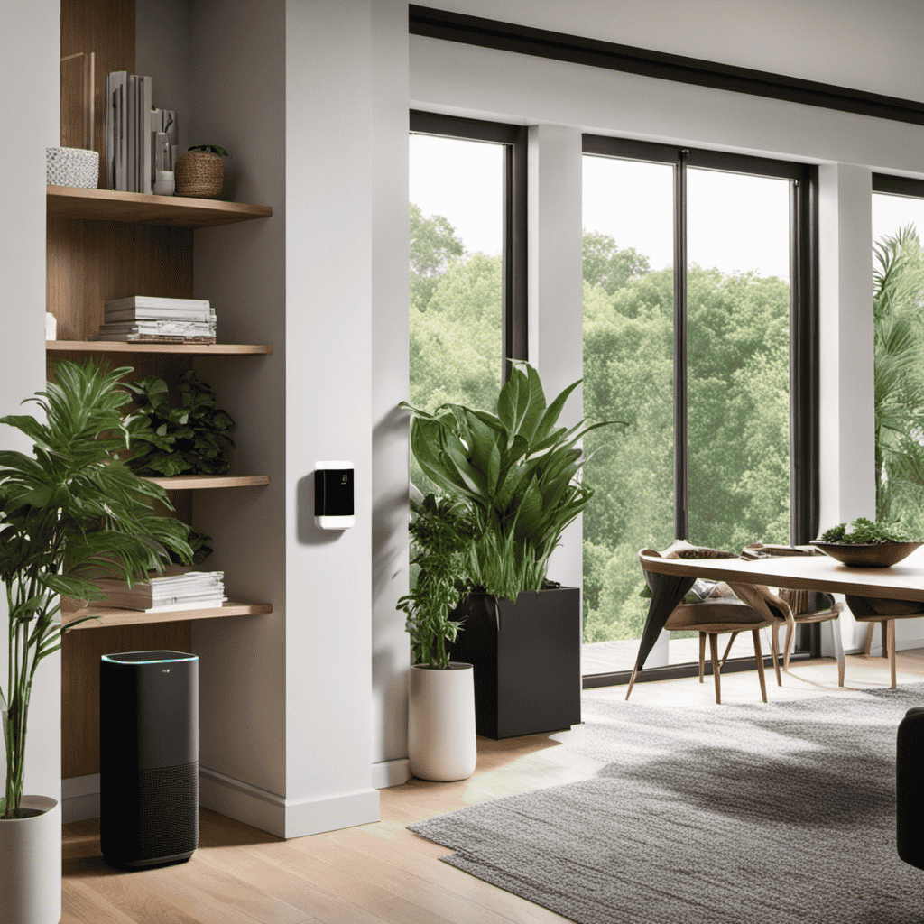 An image that showcases the Wyze Air Purifier prominently placed on a sleek, modern living room shelf, surrounded by lush green plants, with a soft natural light streaming in through a nearby window