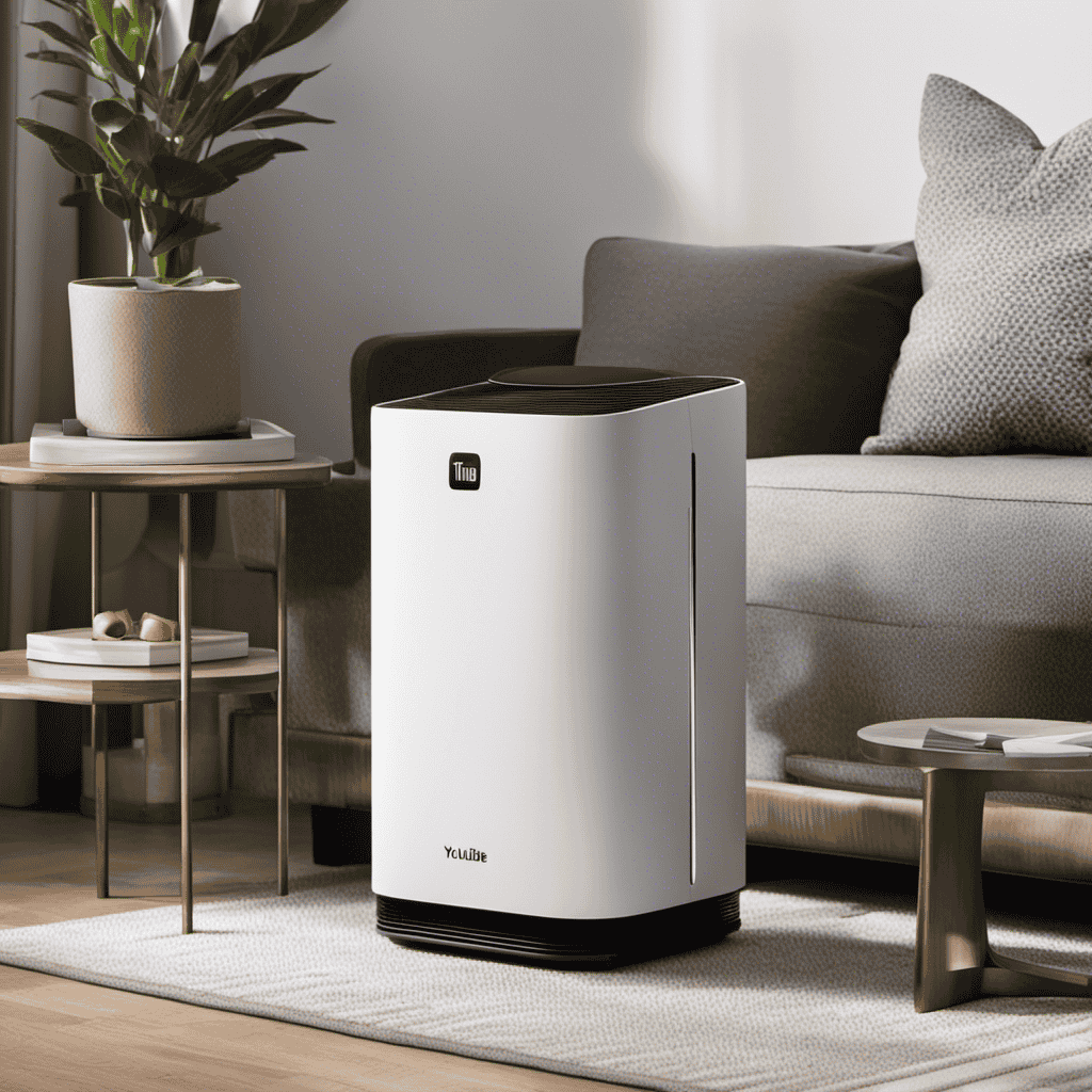 An image that showcases a well-lit room with a YouTube video playing on a laptop, while a sleek, modern, and compact HEPA air purifier sits nearby, quietly purifying the air