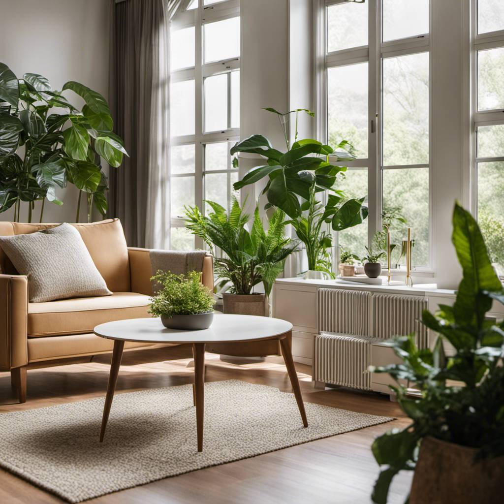 An image showcasing a cozy living room with an air purifier strategically placed near an open window, surrounded by plants and hypoallergenic furniture, illustrating expert tips for an allergy-friendly indoor environment