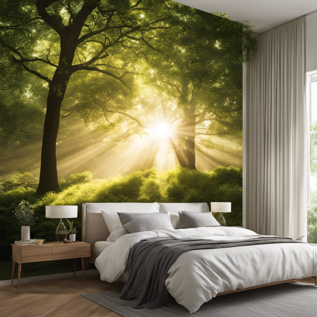 An image showing a serene bedroom, with sunlight streaming in through clean, pollen-free air