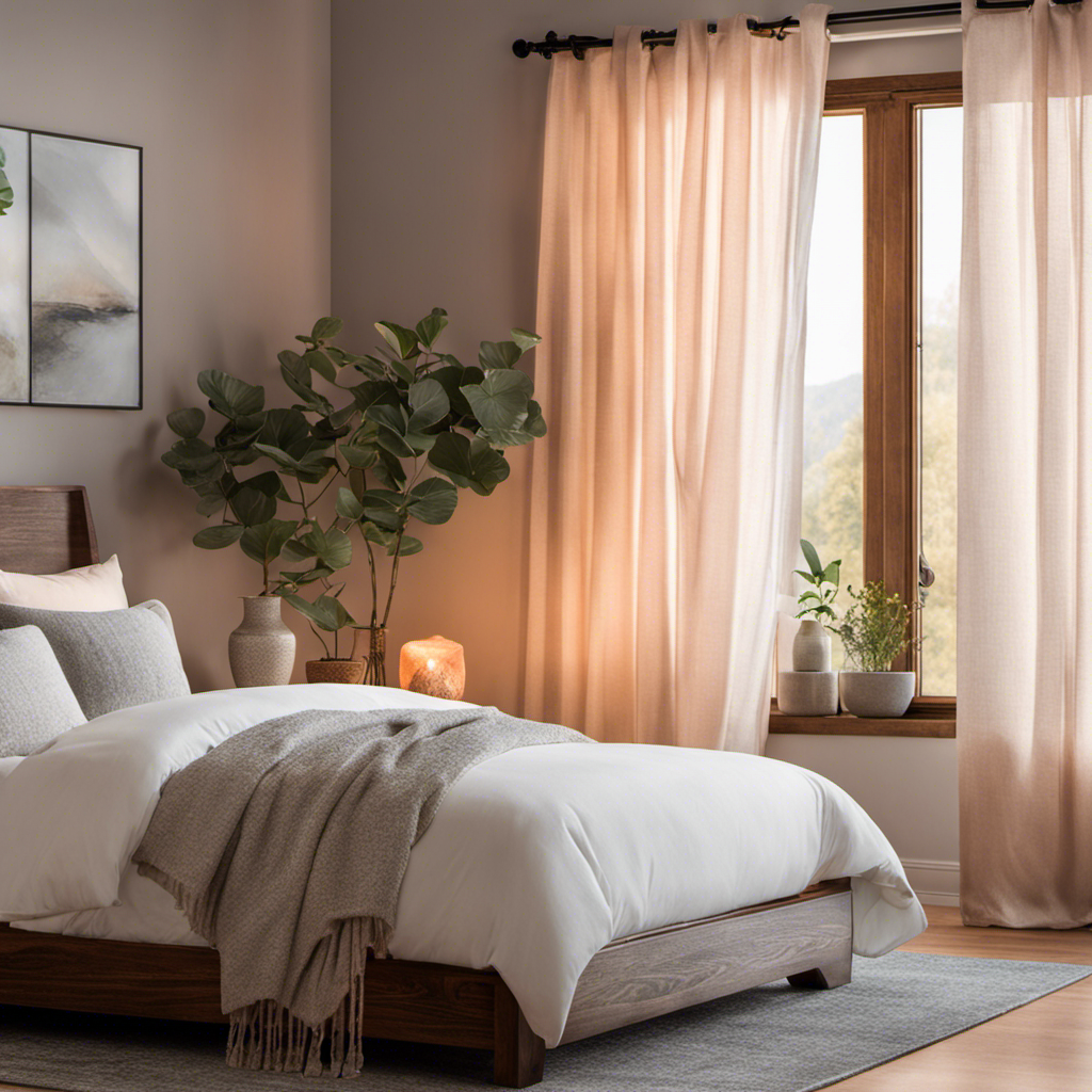 An image of a serene bedroom with soft, diffused natural light pouring in through sheer curtains