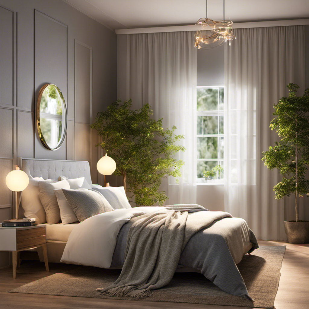 An image depicting a cozy bedroom with sunlight streaming through clean, fresh air