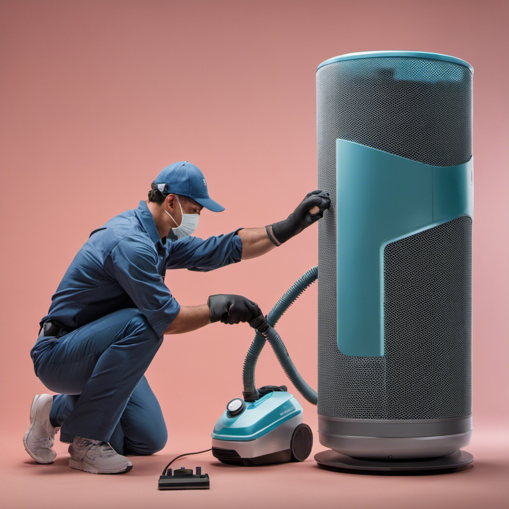 An image showcasing a person wearing gloves while carefully dismantling an air purifier, with a soft brush and vacuum cleaner nearby
