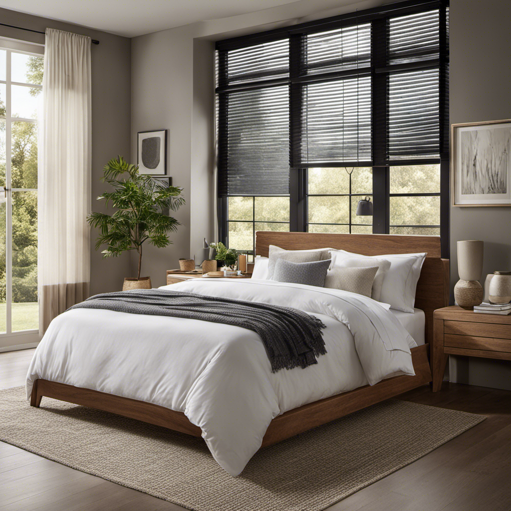 An image showcasing a serene bedroom with soft, diffused natural light pouring through open windows, where an air purifier sits prominently, subtly implying how clean air solutions contribute to improved mental health