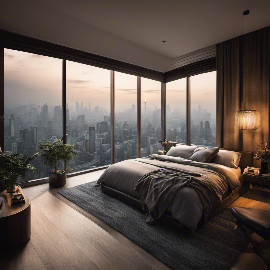 An image showcasing a serene bedroom with an open window, revealing a bustling cityscape polluted with smog outside