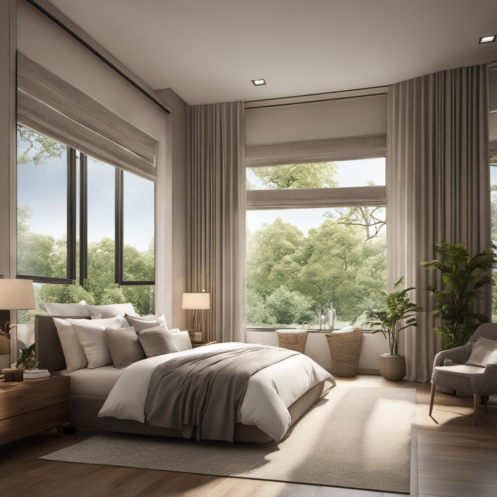 An image showcasing a serene bedroom with a large open window, allowing fresh, clean air to flow in