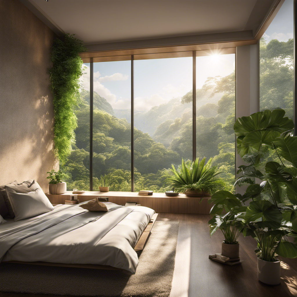 An image depicting a serene bedroom with a large window, showcasing filtered sunlight cascading onto lush plants, while a person peacefully meditates, highlighting the profound influence of clean indoor air on mental well-being