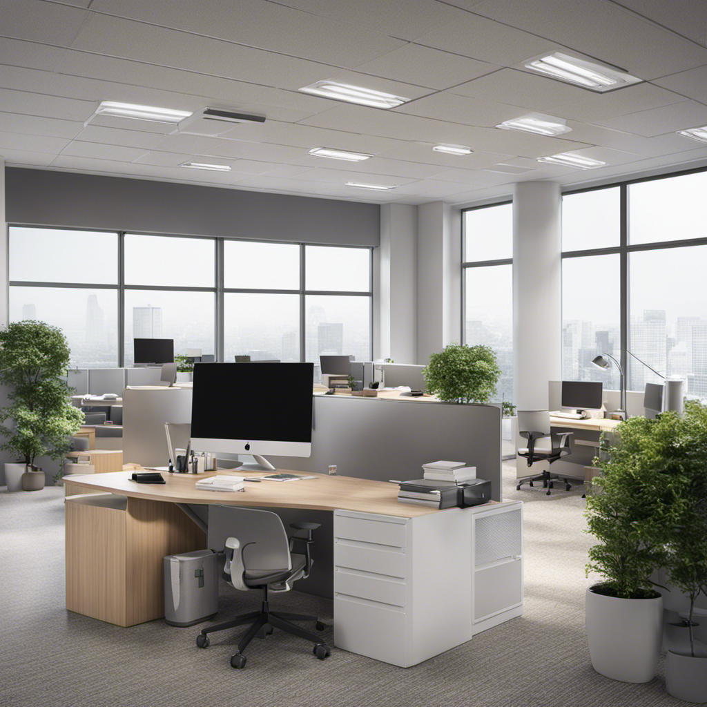An image showcasing a bustling office with hazy air, filled with floating particles and allergens