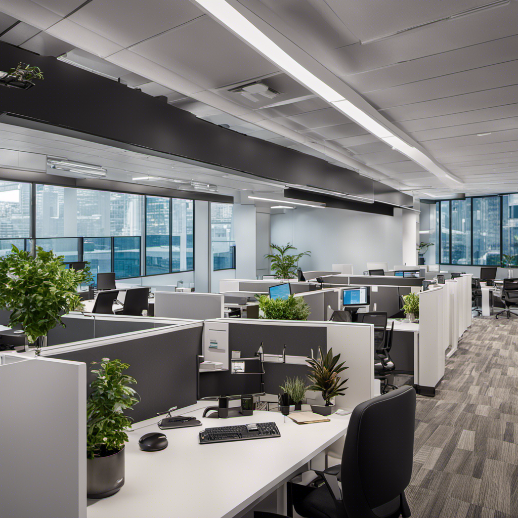 An image showcasing a bustling office environment, with a spacious layout filled with employees working diligently