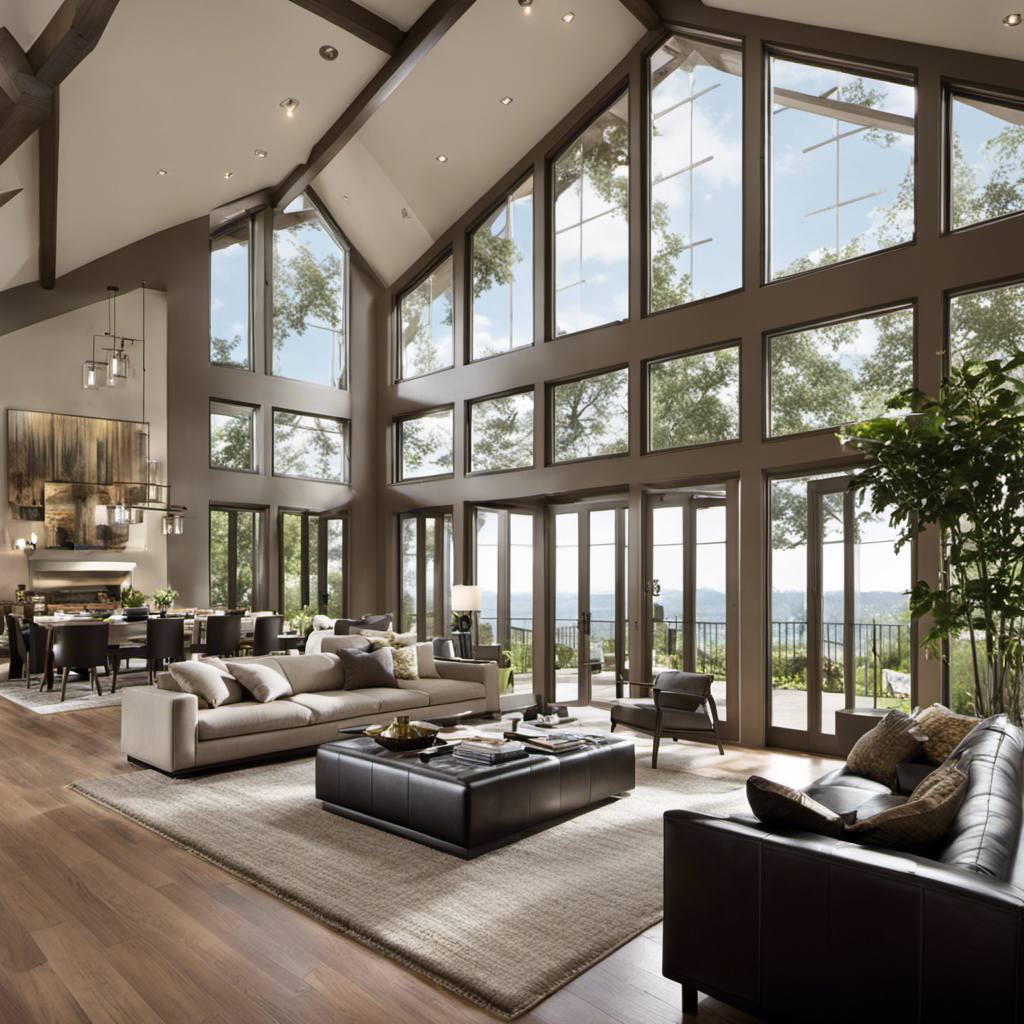 An image showcasing a spacious living room with high ceilings and large windows, where an air purifier is strategically placed to cover the entire area