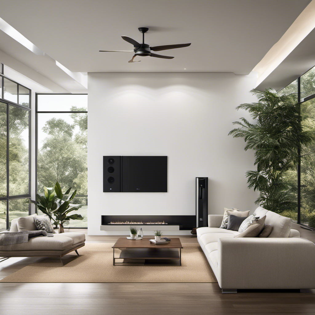An image depicting a spacious living room with strategically placed air purifiers