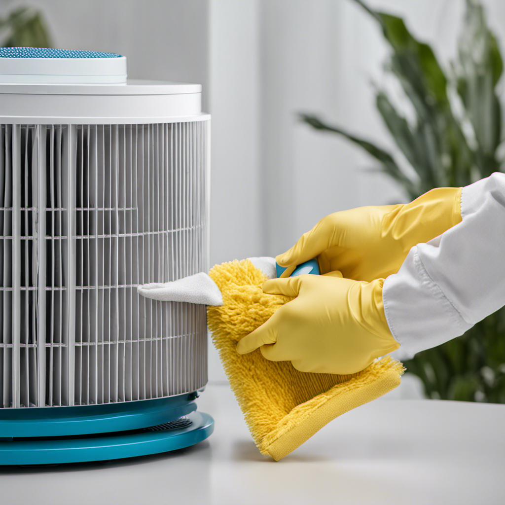 An image capturing a close-up view of a person wearing protective gloves while delicately cleaning the intricate filters of a large air purifier