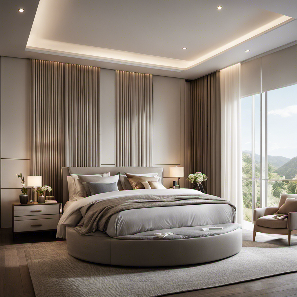 An image showcasing a spacious, elegant bedroom with a large air purifier positioned discreetly near a window