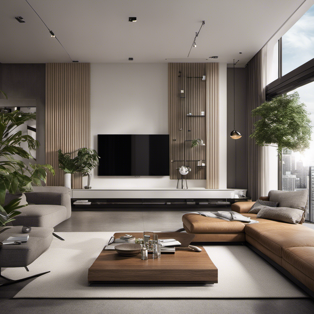 An image depicting a spacious living room with high ceilings, showcasing an air purifier centrally placed to emphasize its effectiveness in covering a large area