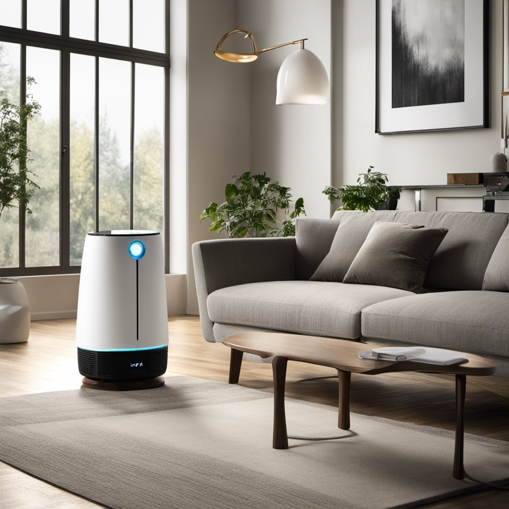 An image showcasing a sleek, minimalist living room with sunlight streaming through the window, highlighting the top smart air purifiers on the market, placed strategically to enhance the ambiance