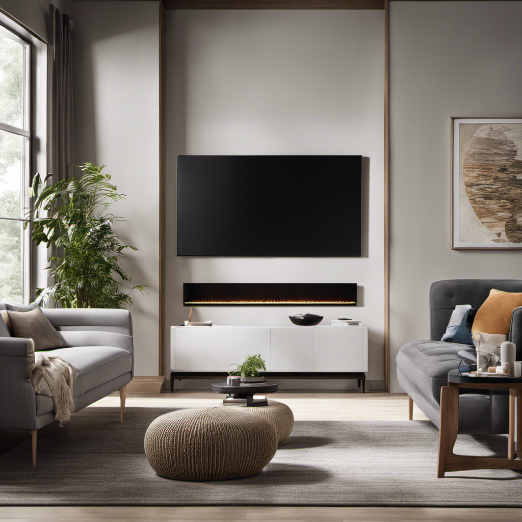 An image showcasing a modern living room with both a traditional air purifier and a smart air purifier side by side