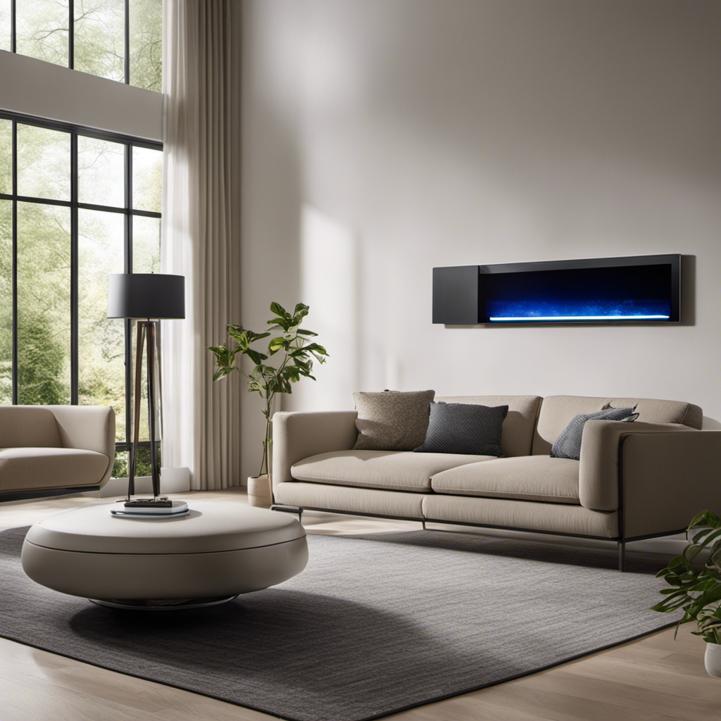 An image capturing a modern living room with an air purifier seamlessly incorporated into a smart home system