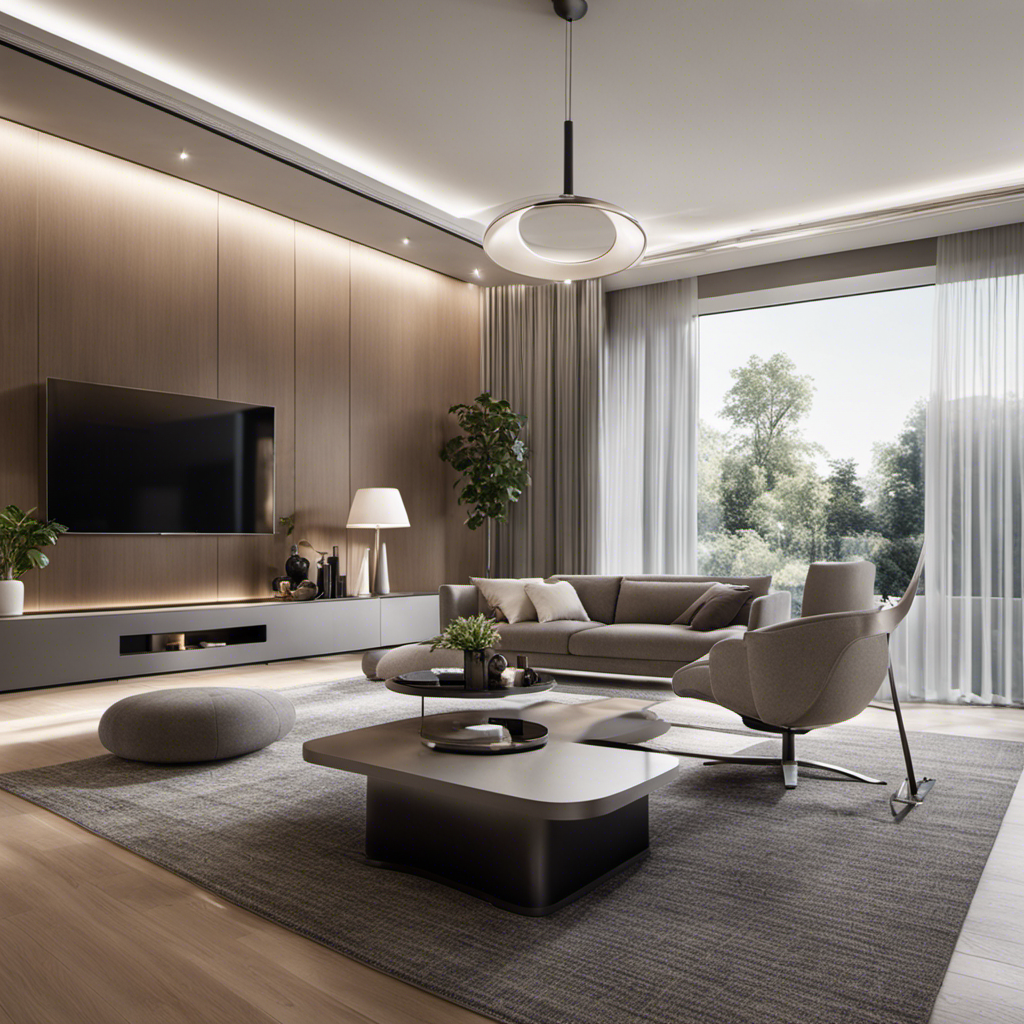 An image showcasing a modern living room with an air purifier seamlessly integrated into the décor