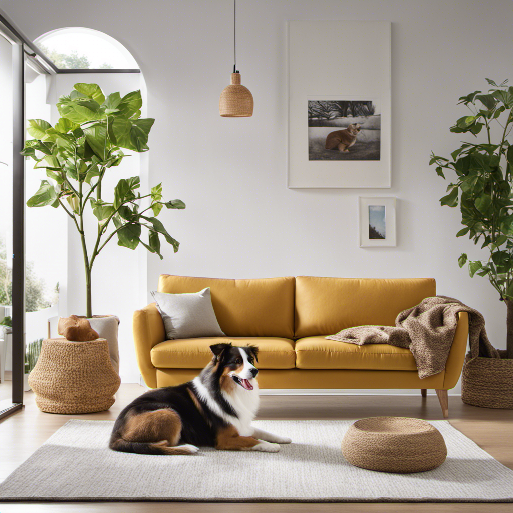 An image showcasing a living room with a happy pet owner and their furry friend, surrounded by clean and fresh air