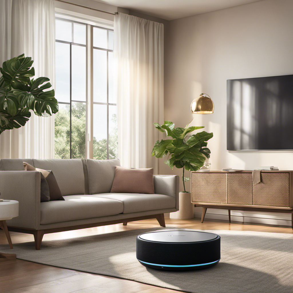 An image showcasing a serene living room with an air purifier placed strategically near a cozy pet bed