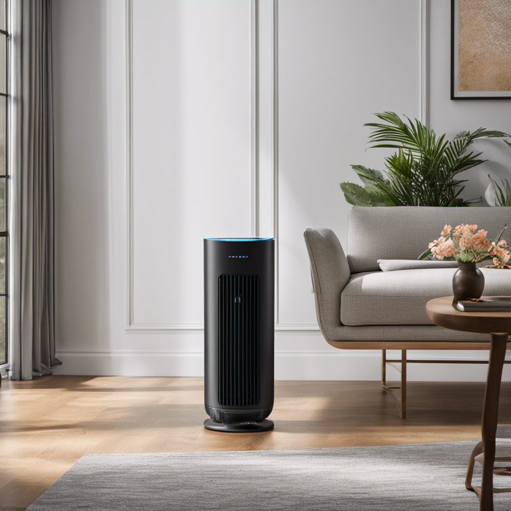 An image depicting an air purifier in a living room setting, capturing the device's advanced features like a HEPA filter, activated carbon filter, and UV-C light to effectively eliminate pet dander