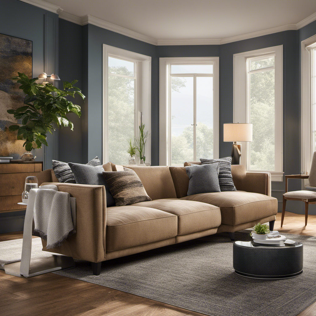 An image showcasing a living room with a soft, cozy couch covered in pet hair, while an air purifier silently operates in the corner, effectively capturing and eliminating pet dander particles from the air