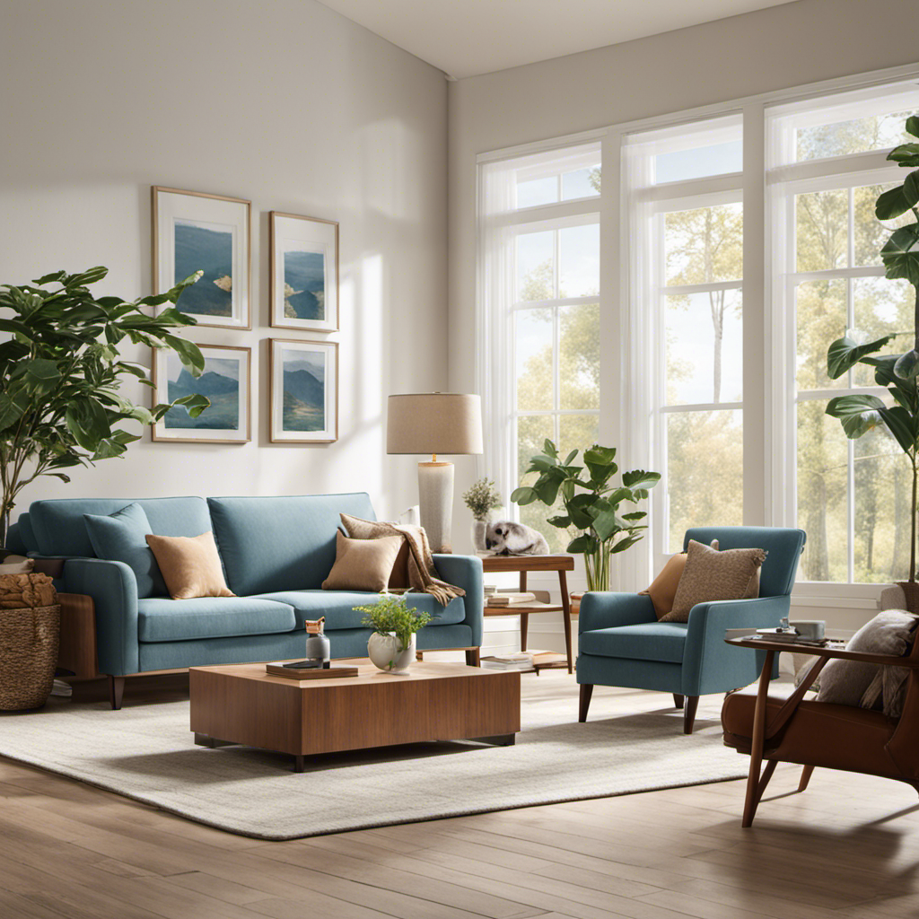 An image showcasing a serene living room with a happy family and their beloved pet, surrounded by clean and fresh air