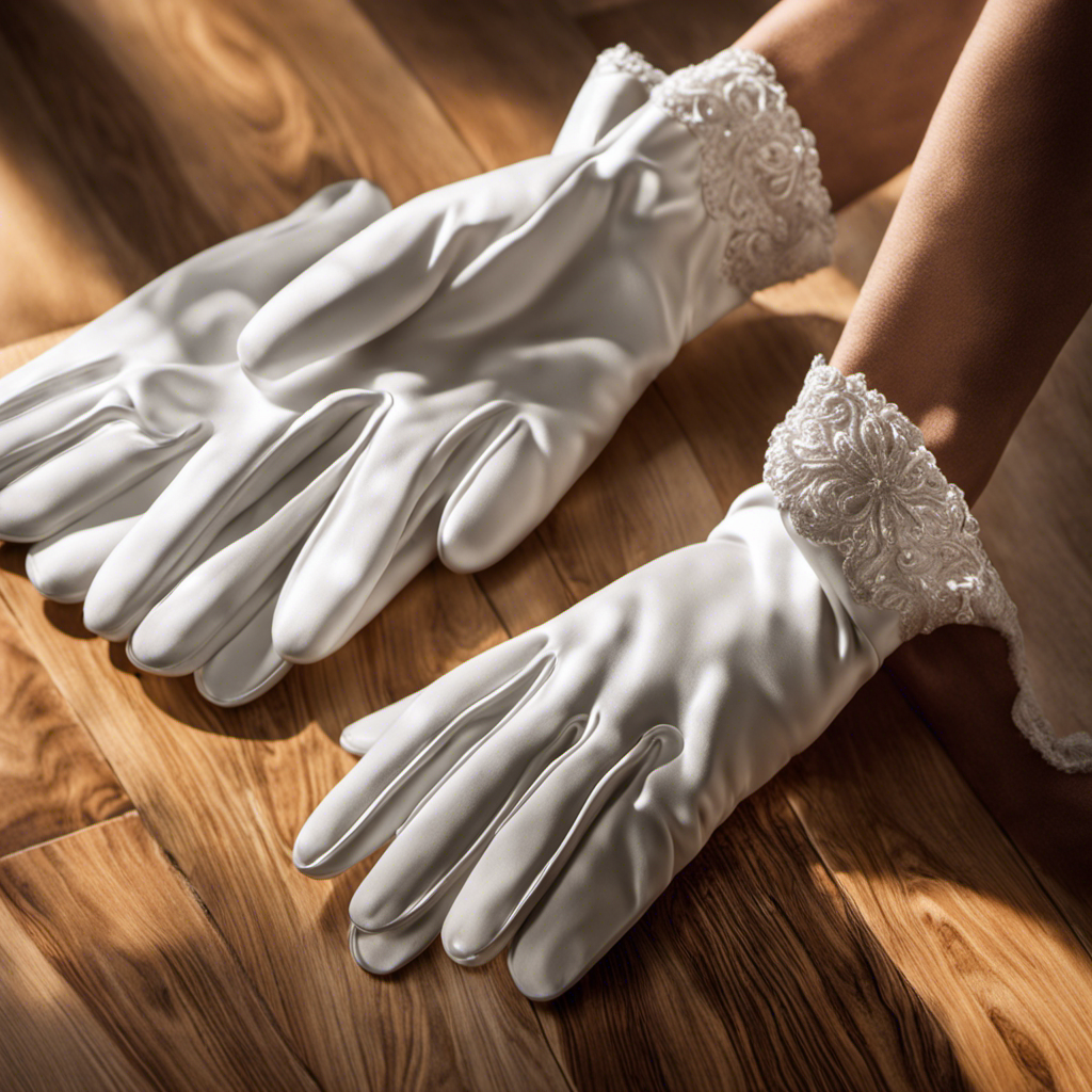 An image showcasing a pair of white gloves gently wiping away dust particles from a glossy hardwood floor, revealing its natural grain pattern and reflecting a sunlit room