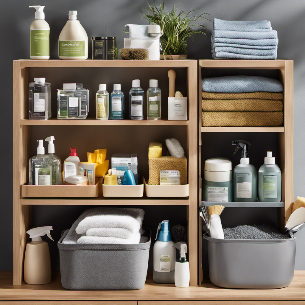 An image that showcases a neatly organized cleaning caddy filled with essential tools and supplies such as microfiber cloths, sponges, scrub brushes, spray bottles, and various cleaning solutions