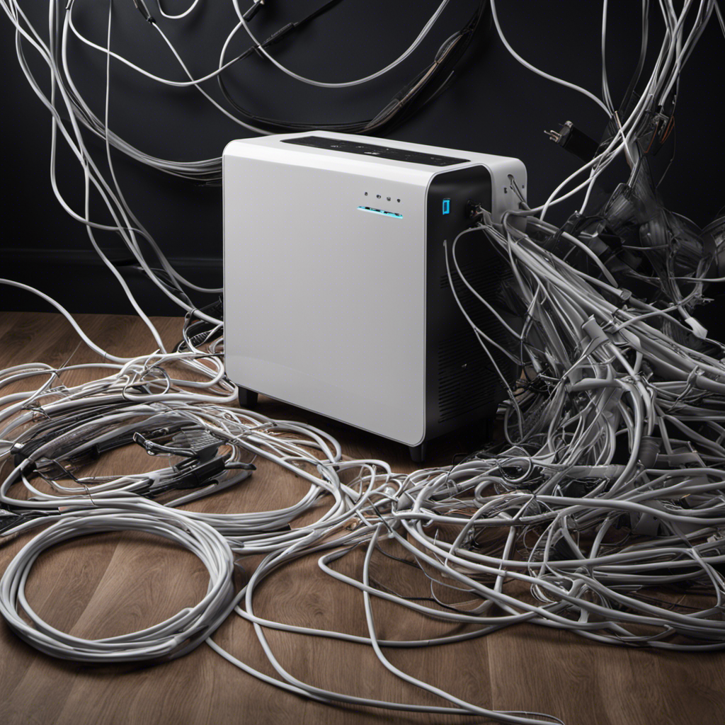 An image that depicts an air purifier with a disconnected power cord lying on the ground, surrounded by a tangled mess of wires