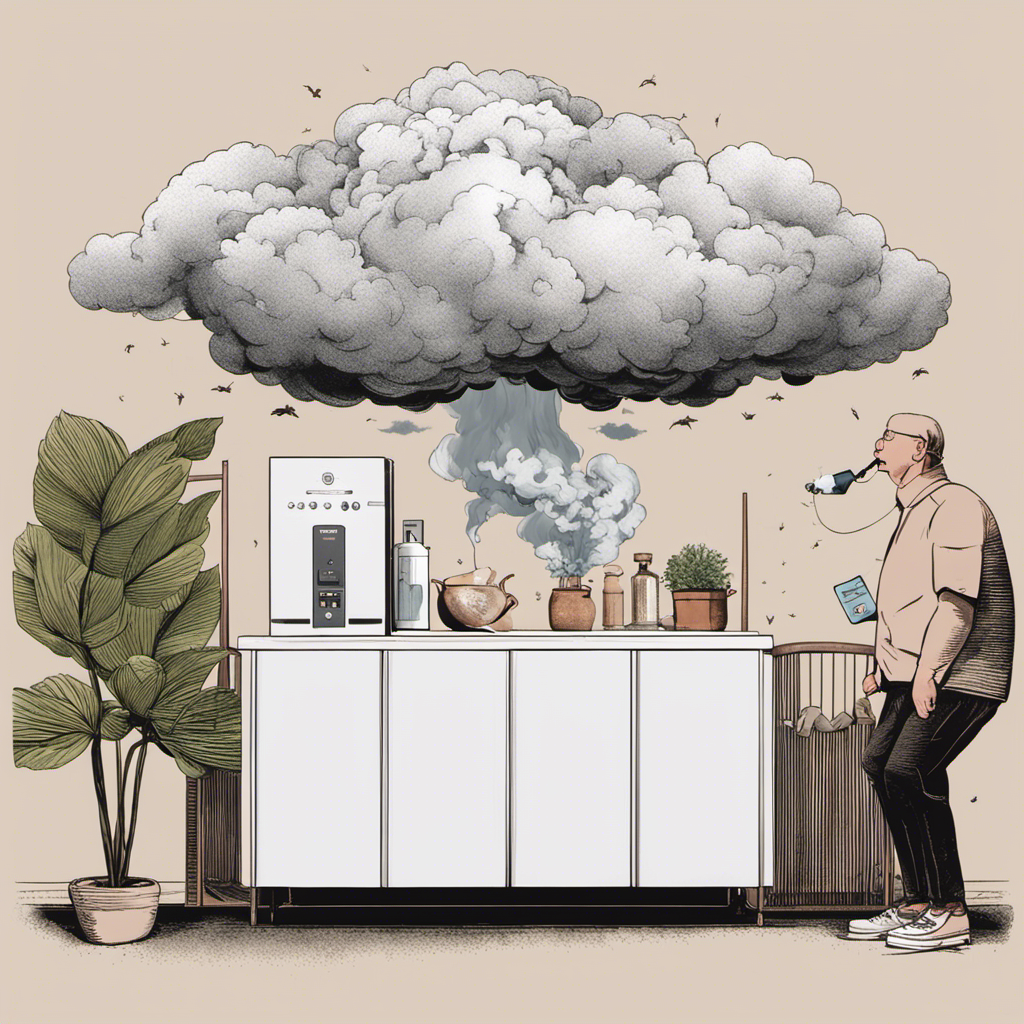 An image showing an air purifier emitting a visible cloud of unpleasant odors, while a frustrated person holds their nose in disgust