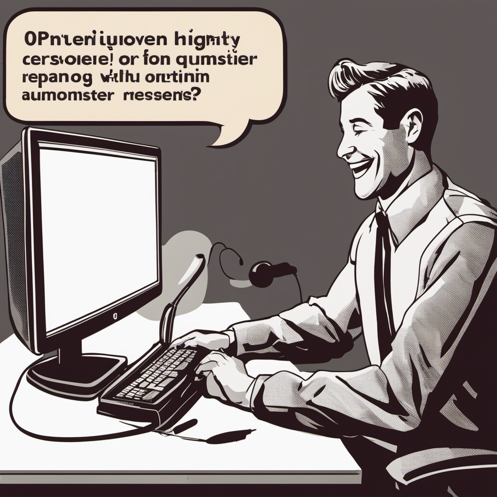 An image of a smiling customer service representative typing a personalized response to a customer review on a computer screen, with a thought bubble showcasing a positive outcome for the customer