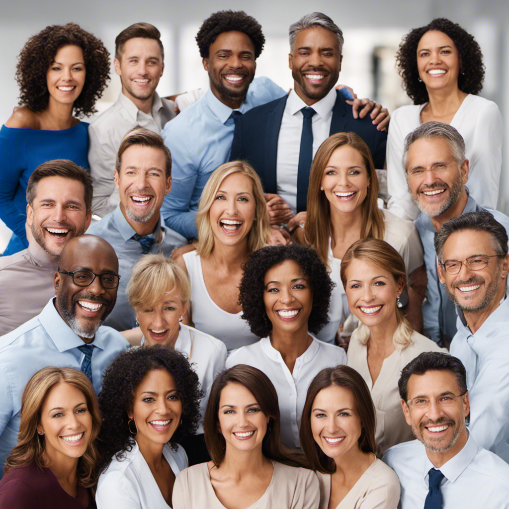 An image showcasing a diverse group of happy customers, each holding a personalized success story