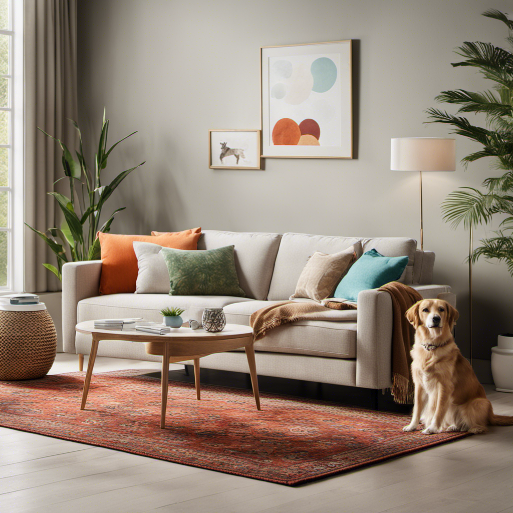An image showcasing a pristine living room with a cozy couch, vibrant carpet, and a playful pet, juxtaposed against an air purifier subtly eliminating pet odors, emphasizing its effectiveness in maintaining a fresh and odor-free environment