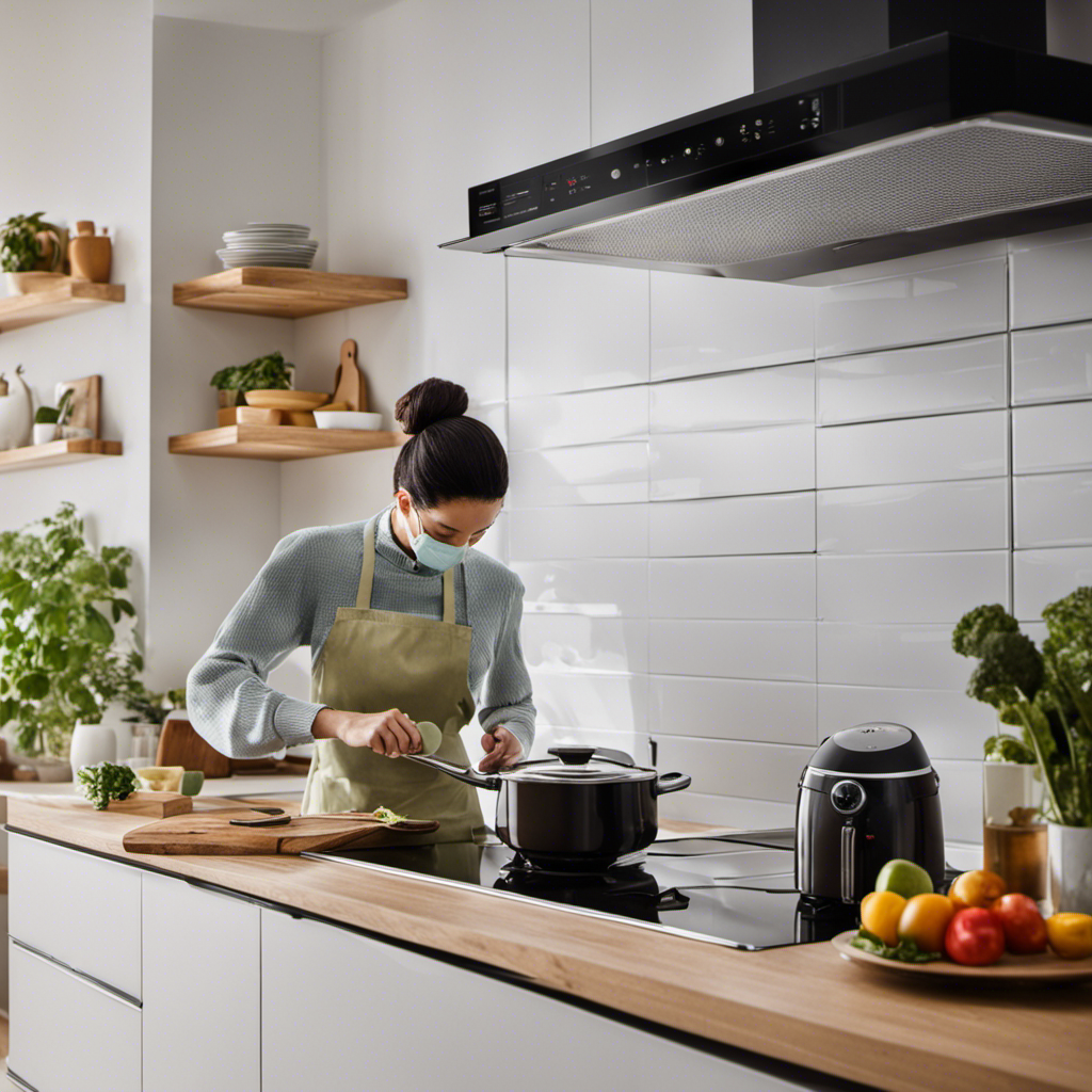 An image showcasing a person happily cooking in a fresh-smelling kitchen, while an air purifier subtly blends into the background