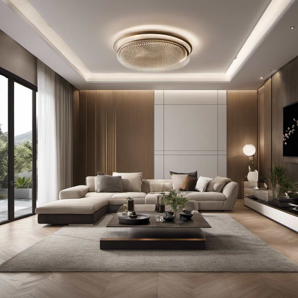 An image showcasing a luxurious living room with a sleek, high-end air purifier seamlessly blending into the decor