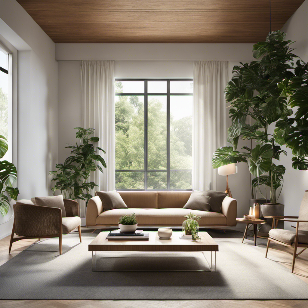  Create an image showcasing a sleek, modern living room with sun rays filtering through spotless windows