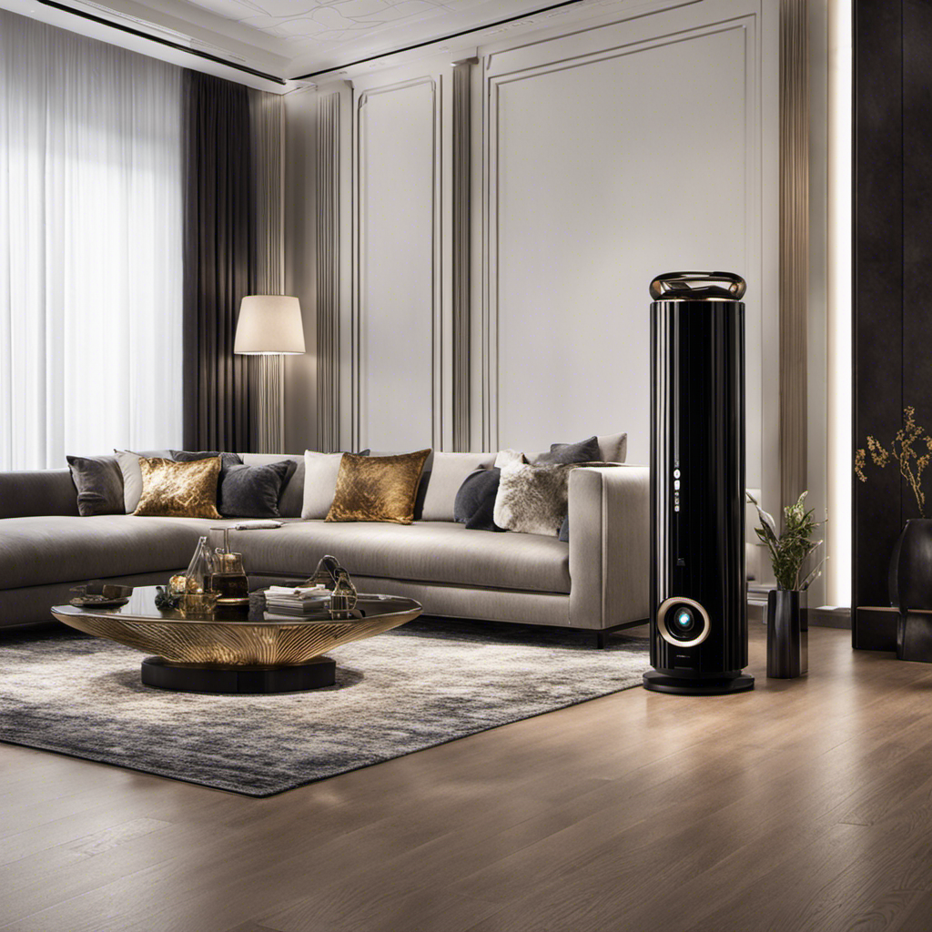 An image that showcases a luxurious living room with an elegant high-end air purifier discretely placed in the corner