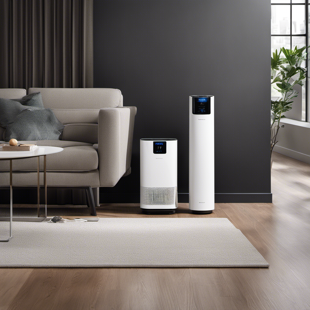 An image showcasing two air purifiers side by side, with the high-end option boasting sleek, modern design, advanced filtration technology, and a digital display, while the budget option appears basic and less sophisticated