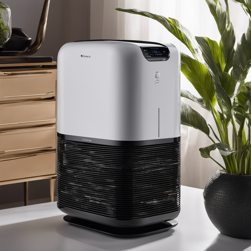 an image depicting a detailed cross-section of a high-end air purifier, showcasing its advanced filtration system with multiple layers, including HEPA filters, activated carbon, and UV-C light technology