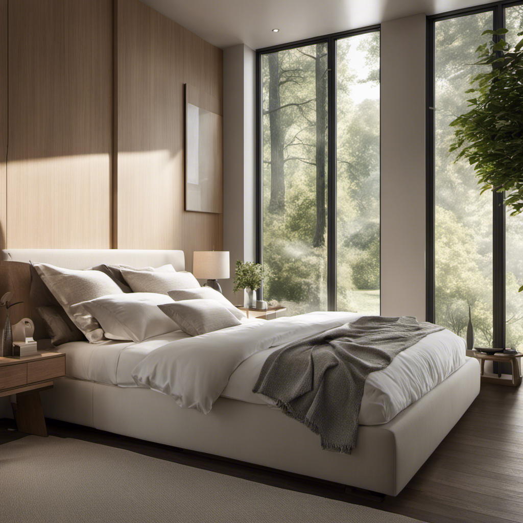 An image showcasing a serene bedroom scene with a person sleeping peacefully, surrounded by fresh and clean air