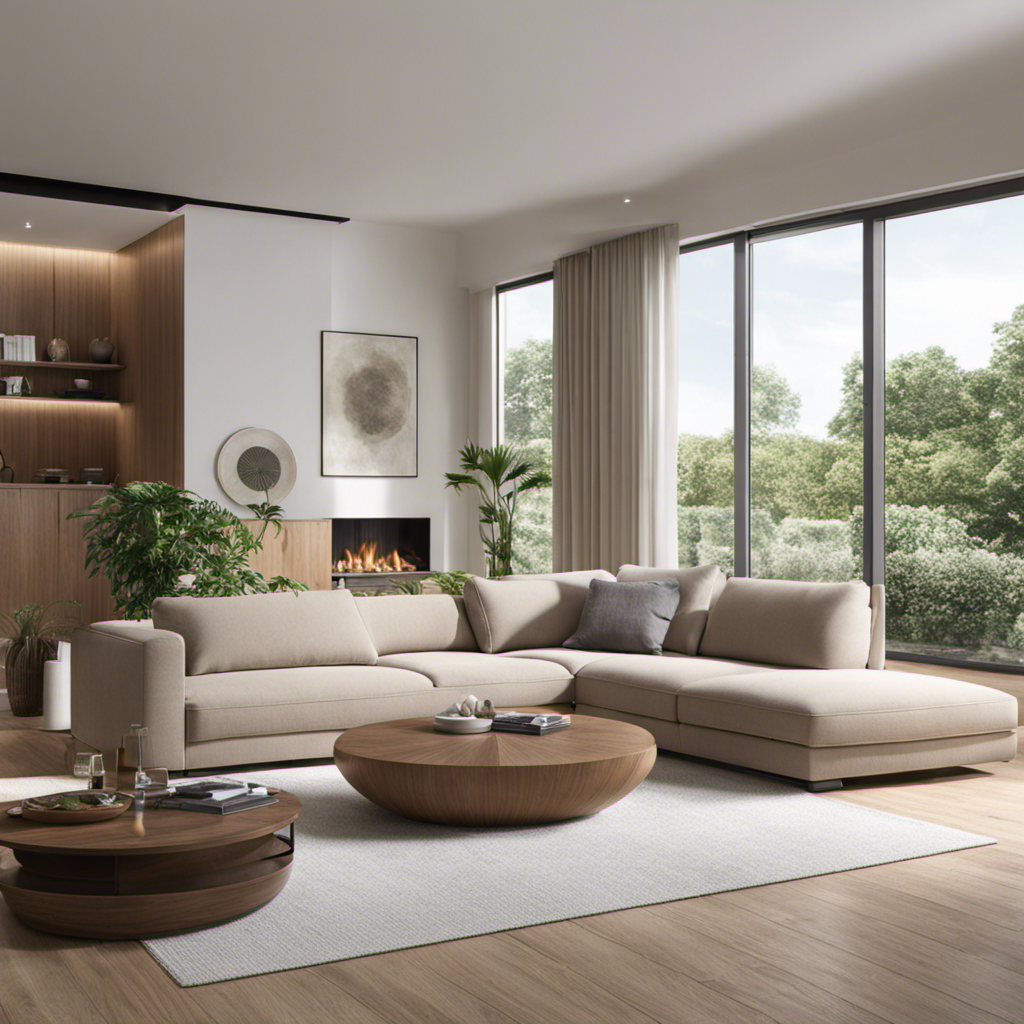 An image showcasing a serene living room with a sleek air purifier quietly eliminating indoor air pollutants, while particles of dust and allergens are captured and removed from the air, promoting a healthier environment