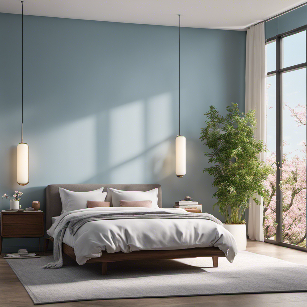 An image showcasing a serene bedroom with a modern air purifier in the corner, surrounded by blooming flowers and a clear blue sky visible through an open window, illustrating how air purifiers provide relief from allergies