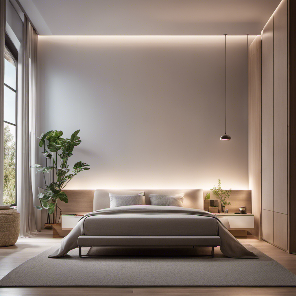An image showcasing a serene bedroom scene with an air purifier subtly placed in the corner