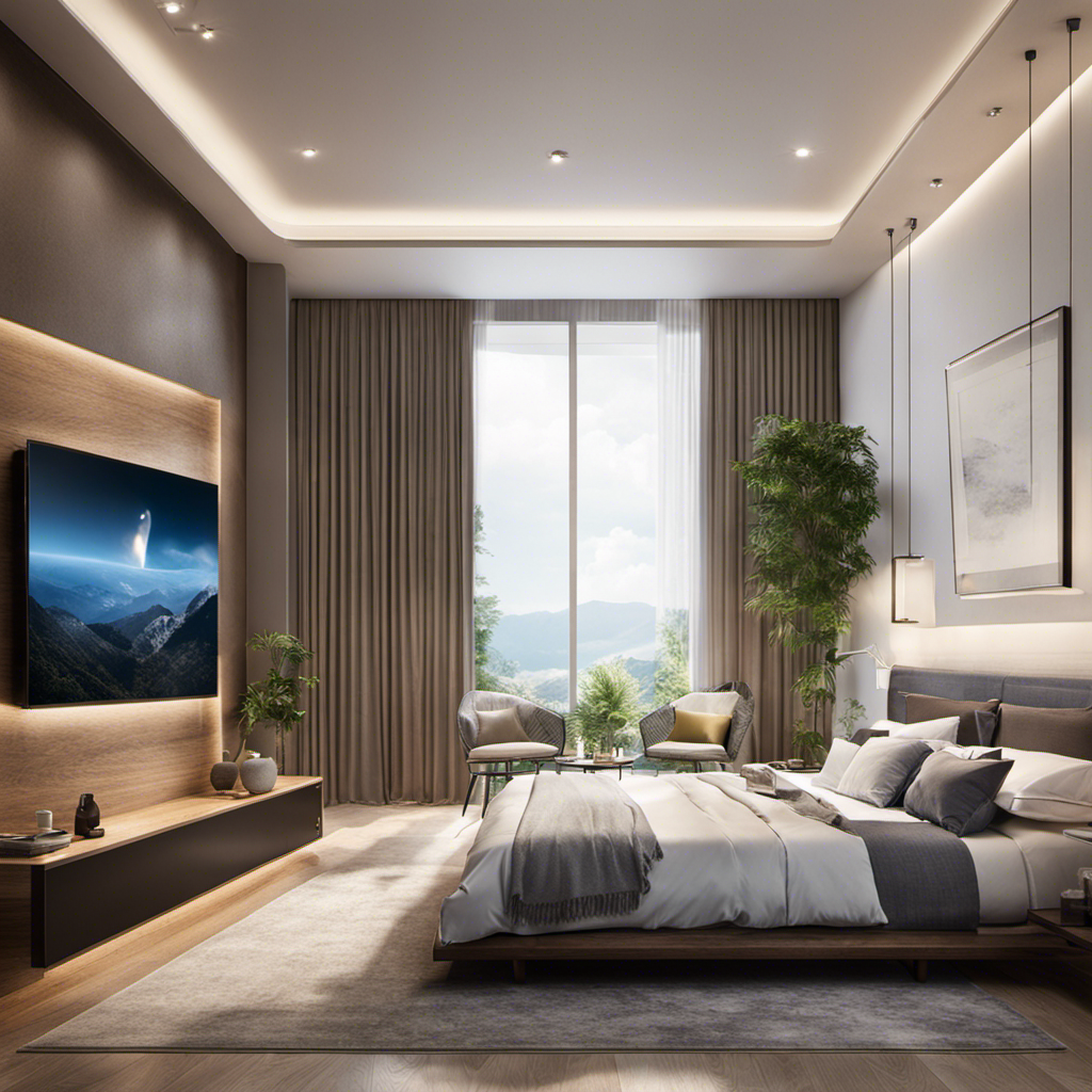 An image showcasing a serene bedroom with an air purifier quietly removing microscopic allergens from the air