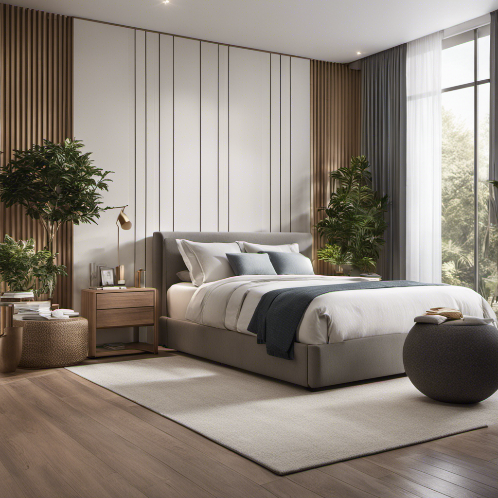 An image showcasing a serene bedroom with an air purifier placed prominently