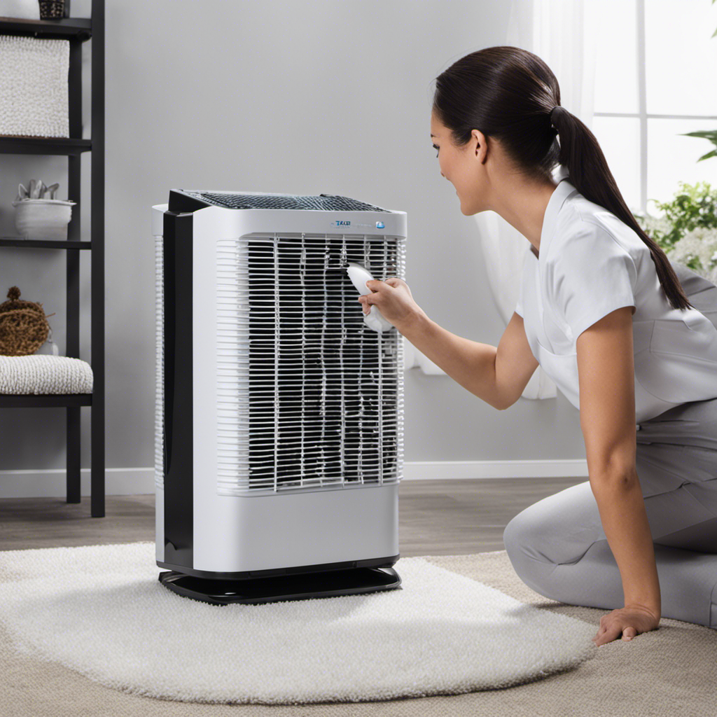 An image of a person carefully cleaning the air filter of their air purifier, using a soft brush and compressed air to remove dust and debris