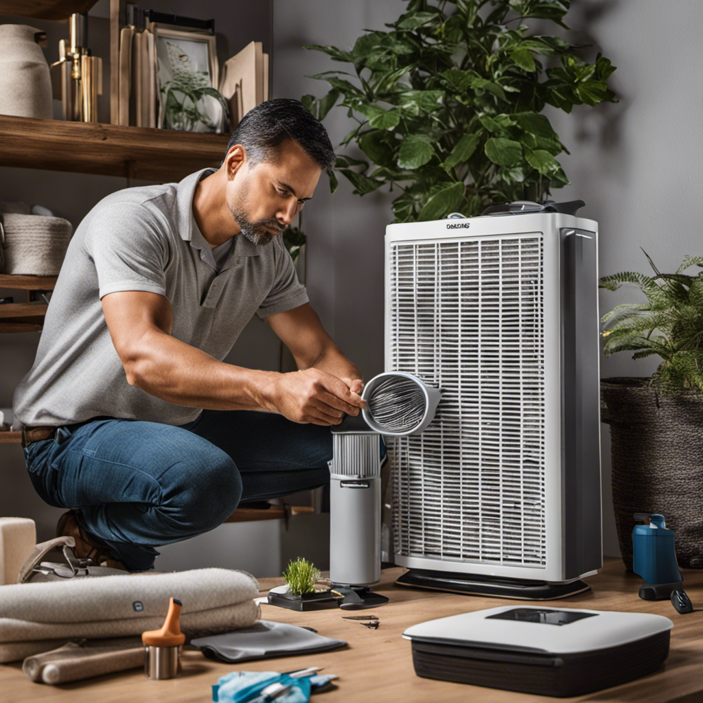 An image showcasing a person carefully inspecting the air purifier's filter, surrounded by a cluttered table featuring tools like a vacuum cleaner, brush, and a manual, illustrating the process of troubleshooting common issues