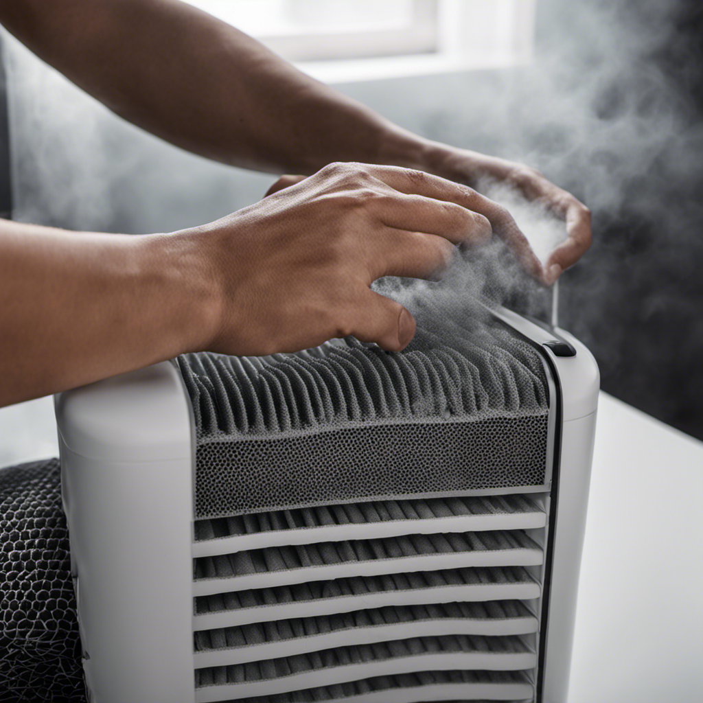 An image showcasing a close-up shot of a person's hands removing a dirty air filter from an air purifier, with particles of dust visible in the air
