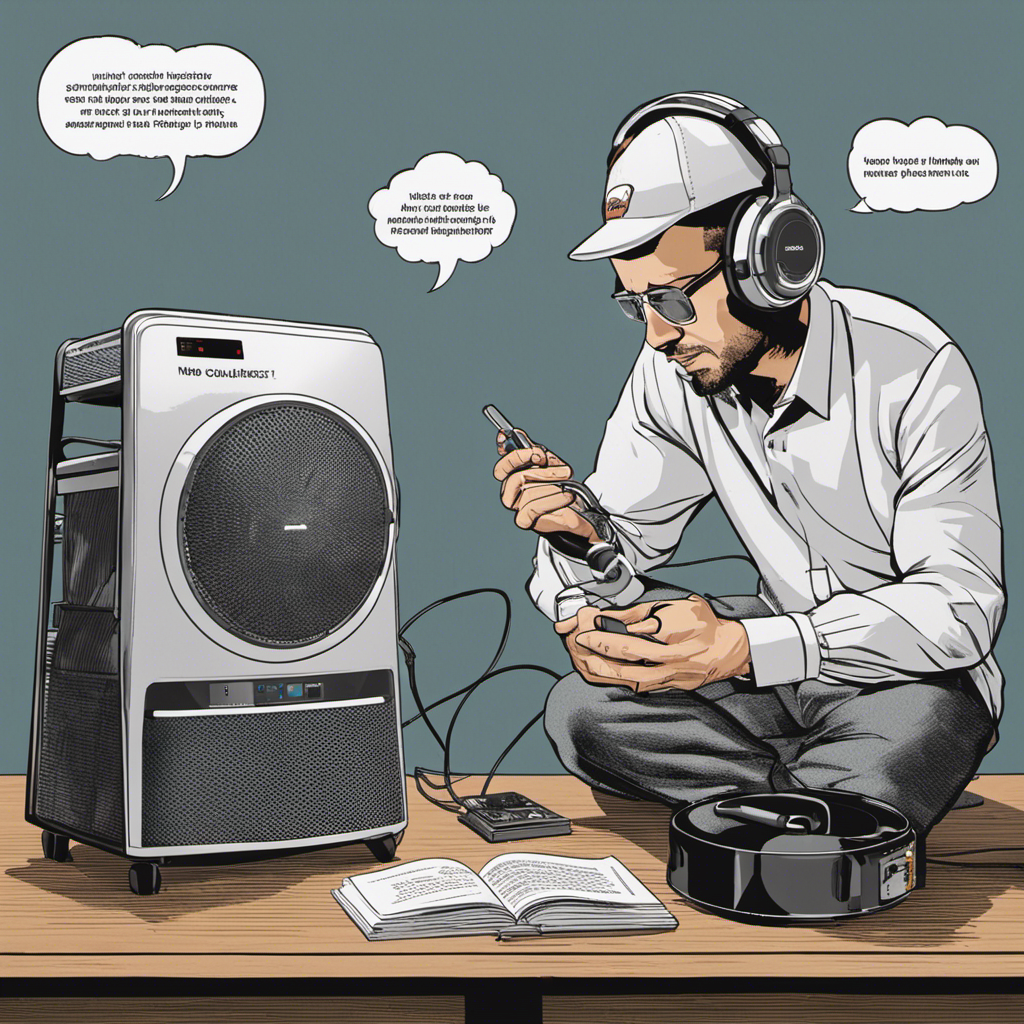An image featuring a person wearing noise-canceling headphones, examining an air purifier placed on a sturdy table